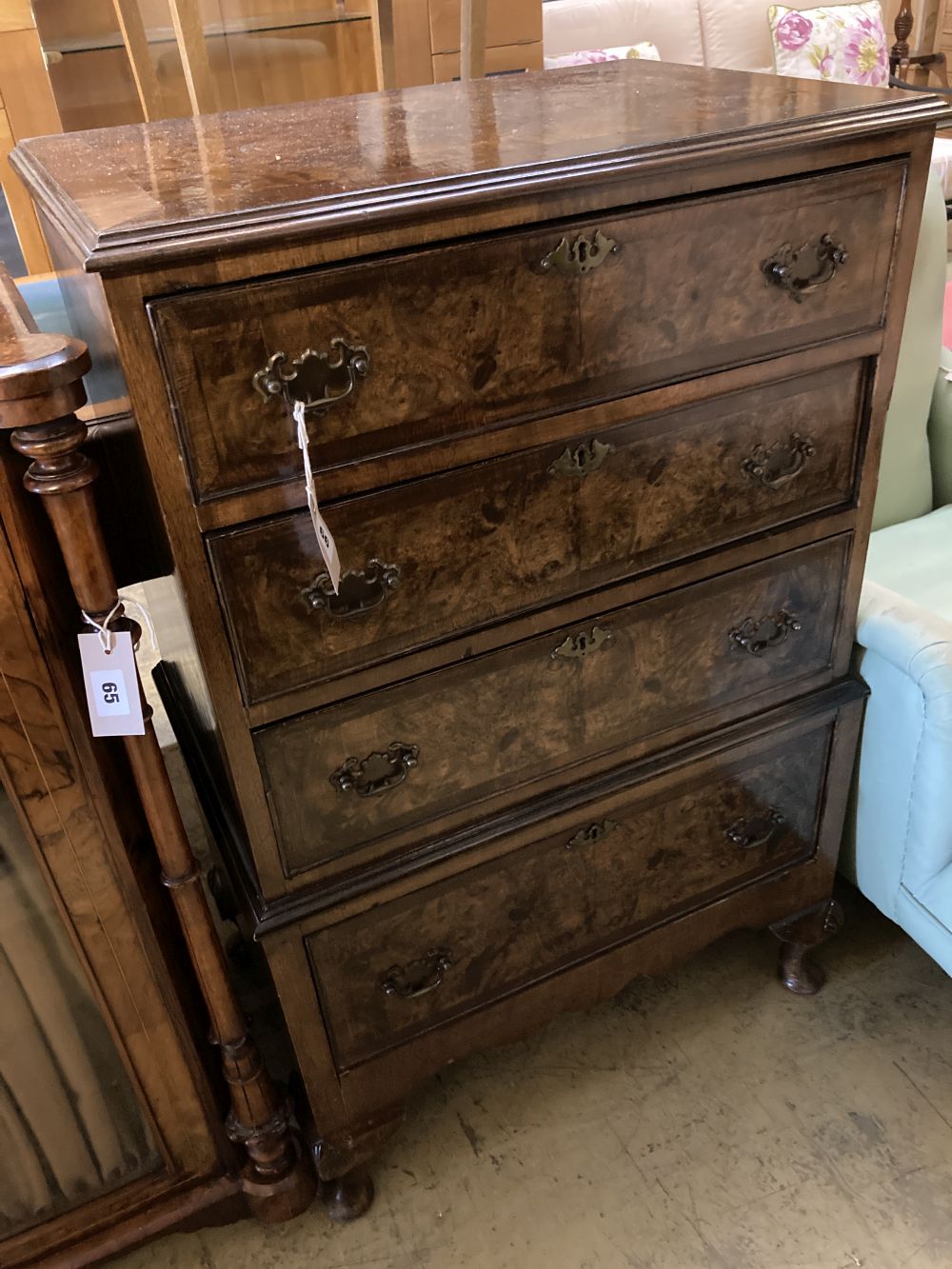 A Queen Anne Revival walnut four drawer chest, width 62cm, depth 42cm, height 100cm